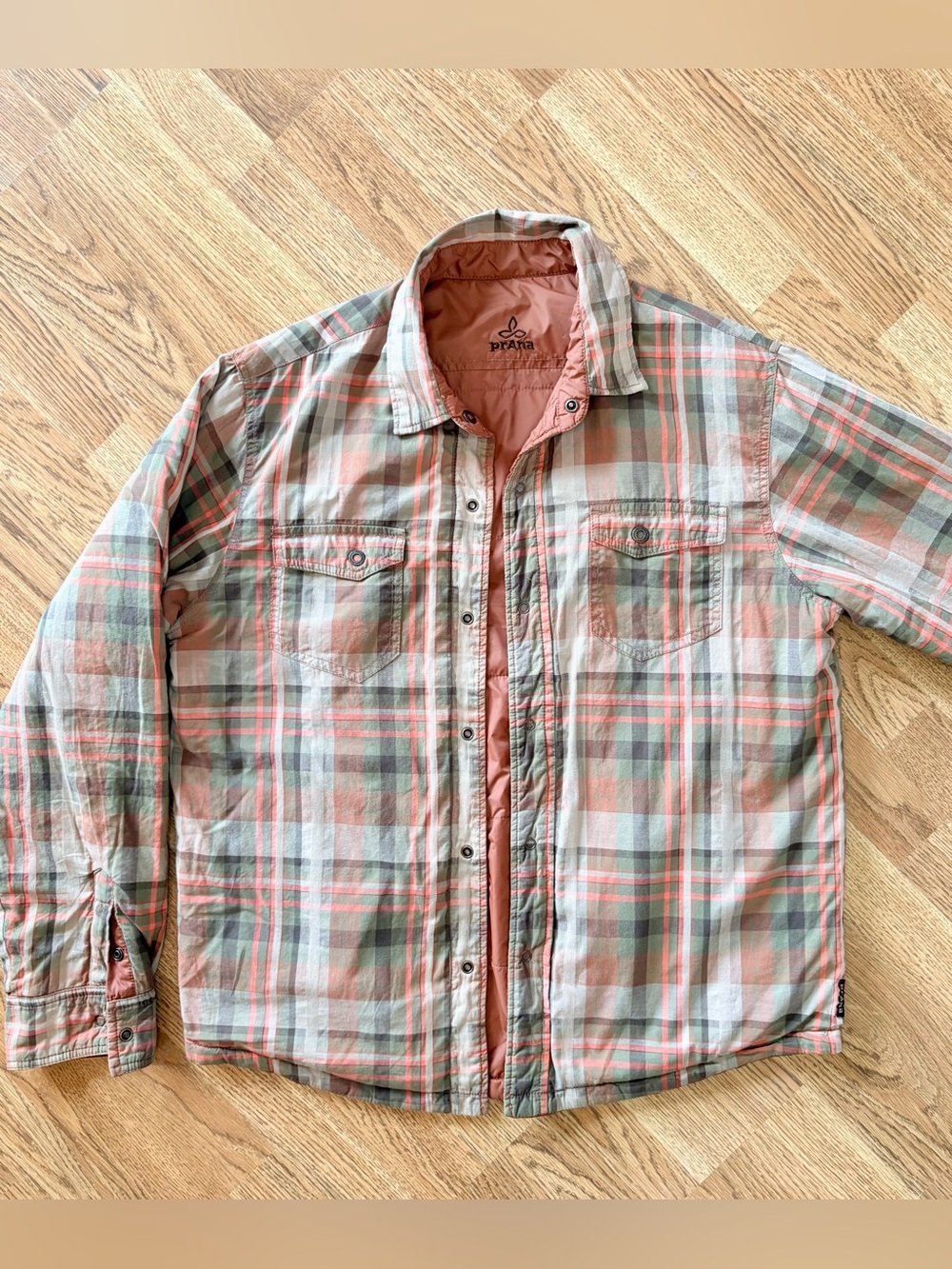 prAna Breathe Reversible Quilted Plaid Shirt Jacket Shacket Orange Flannel M - Picture 7 of 11
